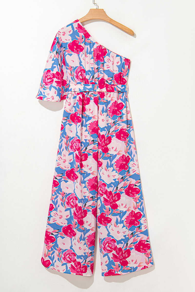 Pink Floral Print Asymmetrical Neckline Single Shoulder Half Sleeve Belted Jumpsuit