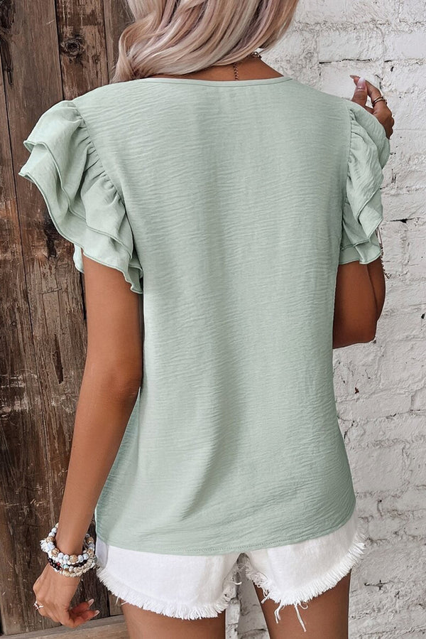 Clearly Aqua Solid Color Ruffle Sleeve Crinkled Blouse