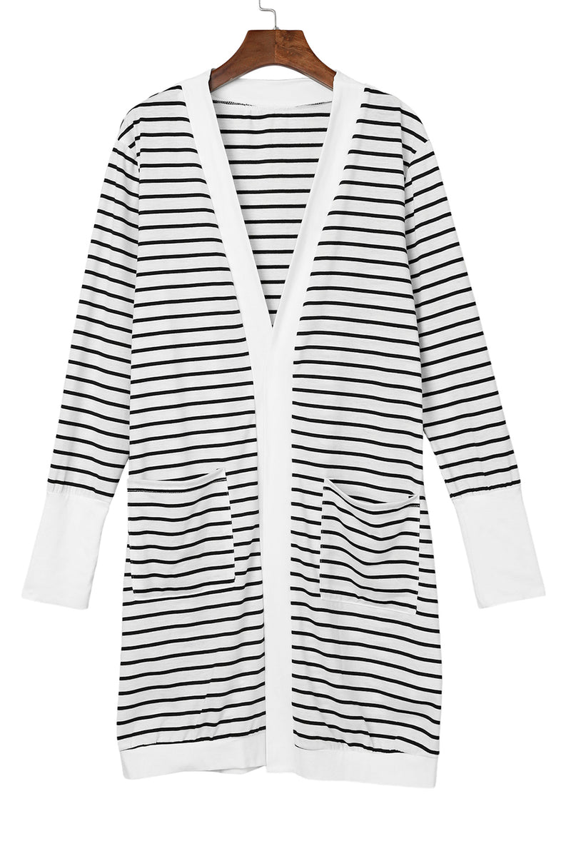 White Striped Side Pockets Open Front Long Cardigan