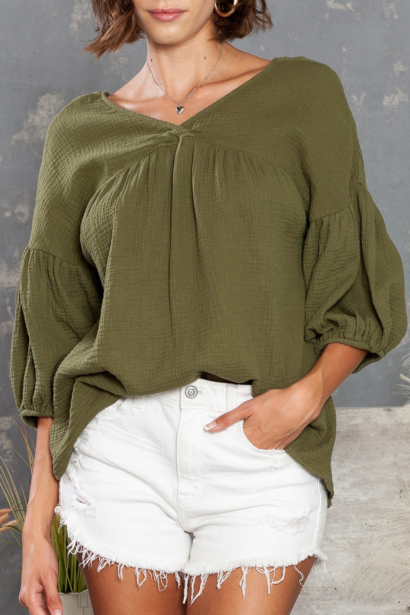 Green Solid Color Gauze Casual V Neck Top for Women