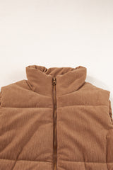 Coffee Solid Color Corduroy Puffer Vest Coat