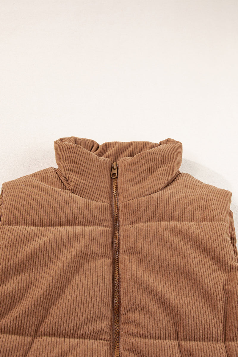 Coffee Solid Color Corduroy Puffer Vest Coat