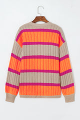 Orange Stripe Print Ribbed Knit Sweater Cardigan