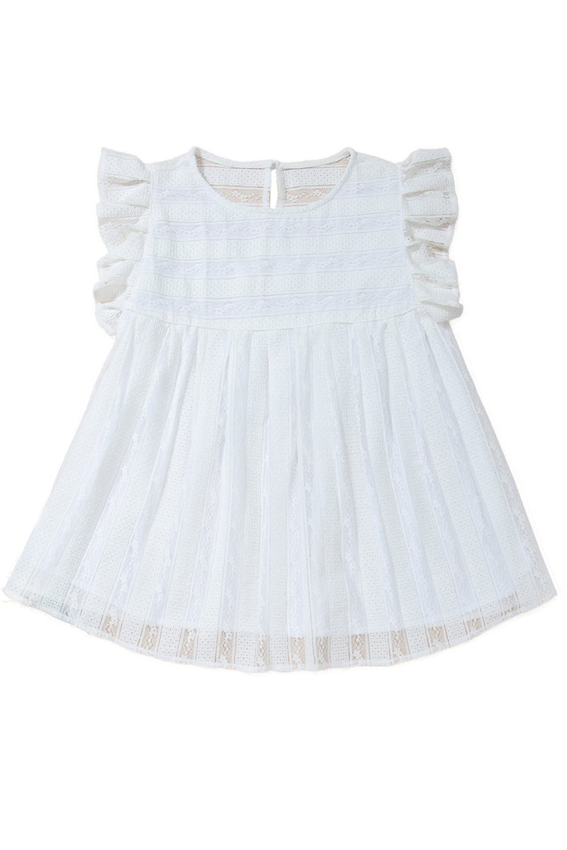 White Ruffled Lace Splicing Flowy Crewneck Sleeveless Shirt