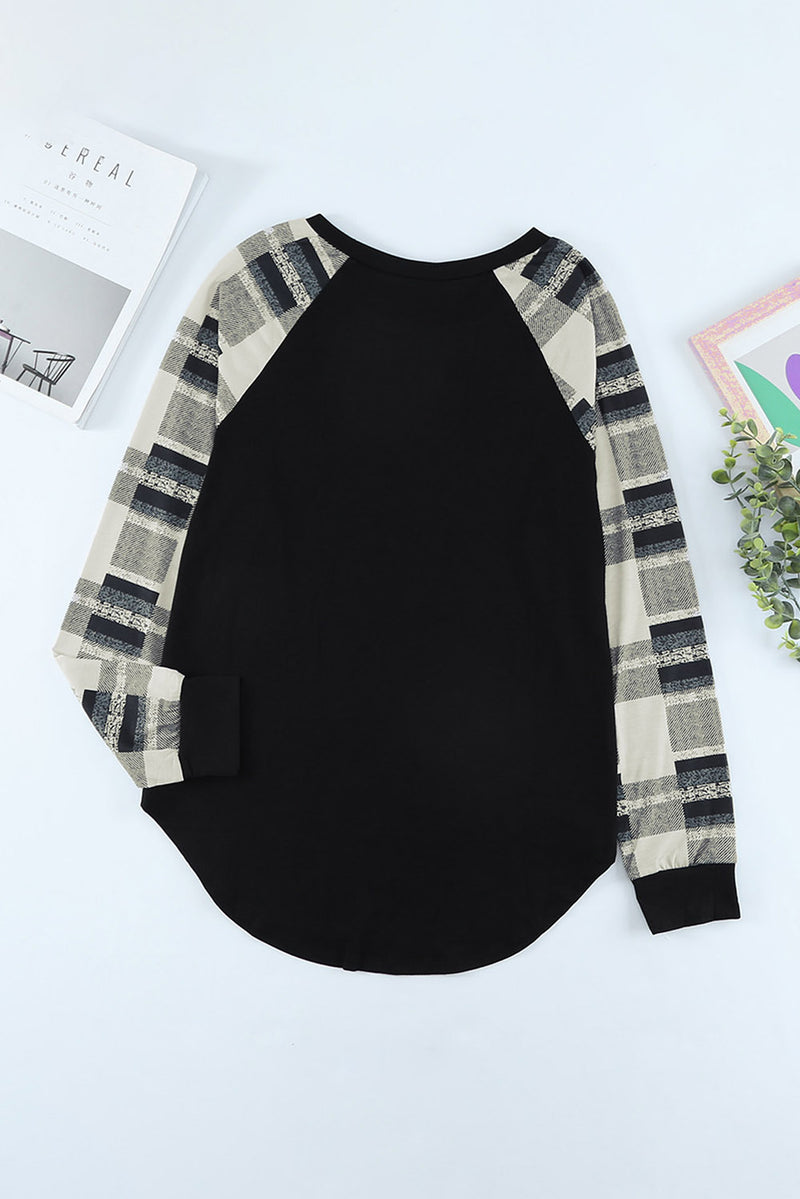 Monochrome Plaid Long Sleeves Black Pullover Top