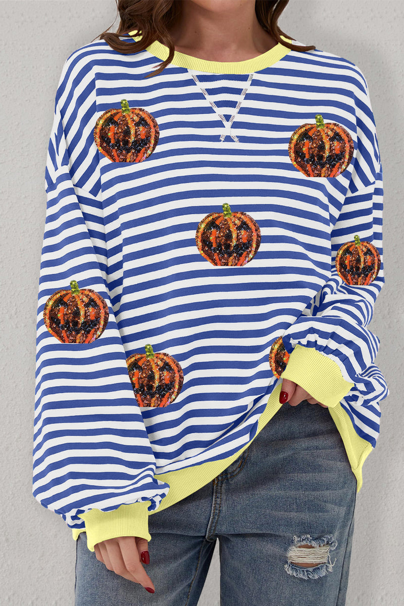 Blue Stripe Funny Halloween Pumpkin Face Oversize Graphic Sweatshirt