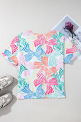 Multicolour Bowknot Print Waffle Loose Tee