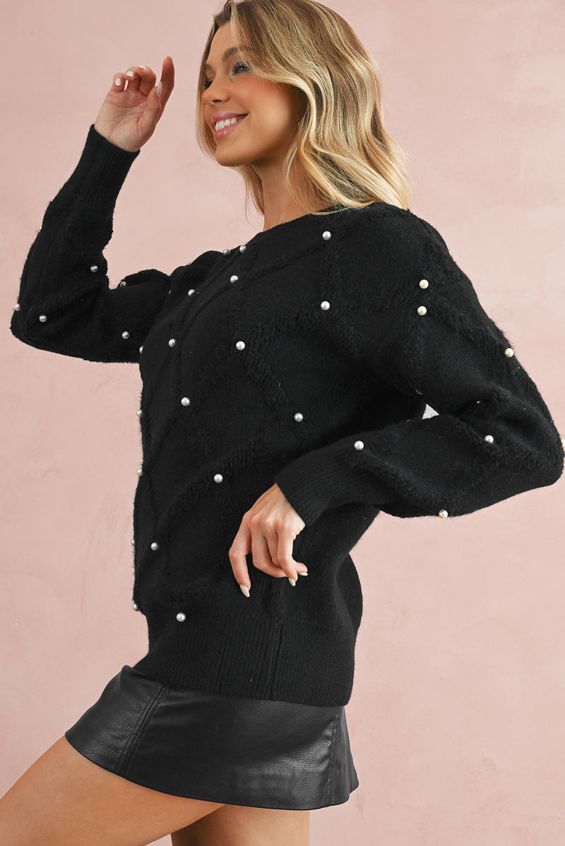 Black Pearl Embellished Rhombus Pattern Sweater