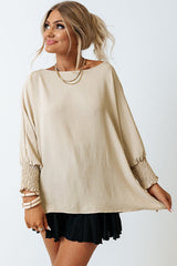 White Plain & Casual Shirred Cuffs Half Sleeve Top