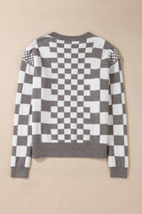 Carrot Checkered Drop Shoulder Round Neck Sweater