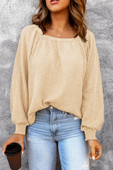 Brown Waffle Texture Casual Square Neck Pullover Top