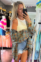 Green Plaid Long Sleeve Distressed Hem Shirt