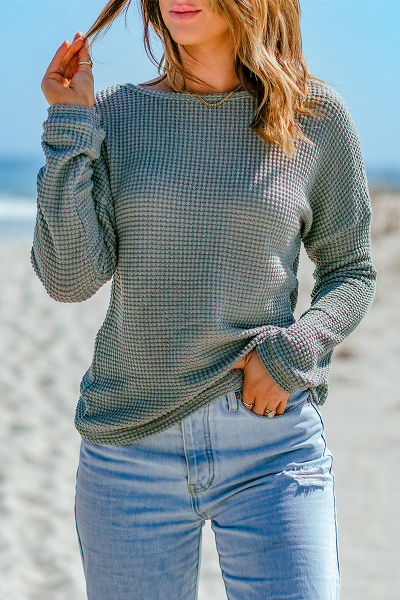 Khaki Waffle Knit Casual Drop Shoulder Long Sleeve Top