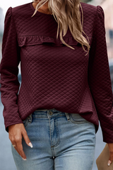 Burgundy Quilted Button Back Puff Sleeve Sweatshirt