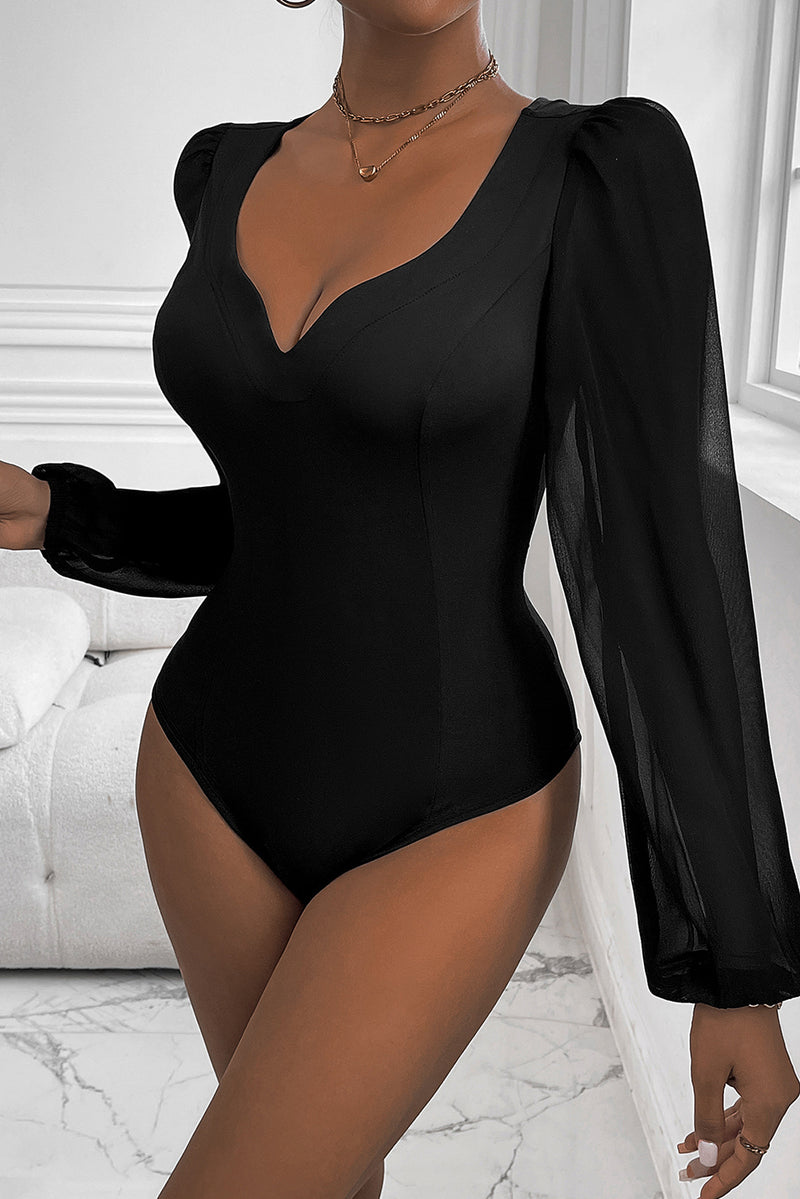 Black V Neck Long Sleeve Bodysuit