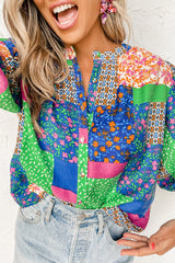 Multicolor Floral Patchwork Buttoned Puff Sleeve Shirt