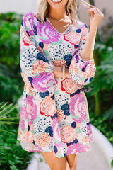 Multicolor Floral Print V Neck Bohemian Tunic Dress