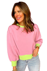 Pink Contrast Trim Bubble Sleeve Sweatshirt