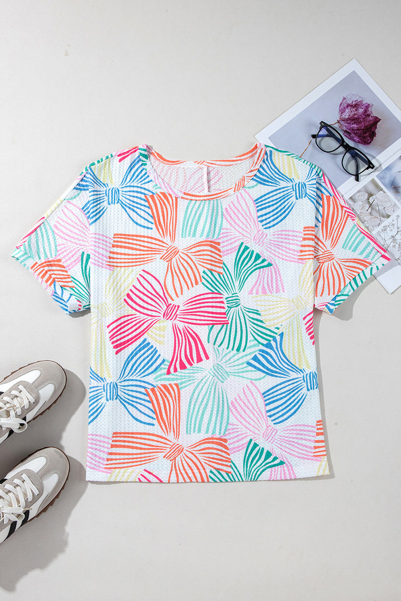 Multicolour Bowknot Print Waffle Loose Tee