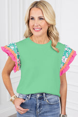 Light Green Ricrac Applique Floral Sleeve Textured Blouse