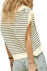 Beige Stripe Turn-down Collar Sleeveless Knitted Top