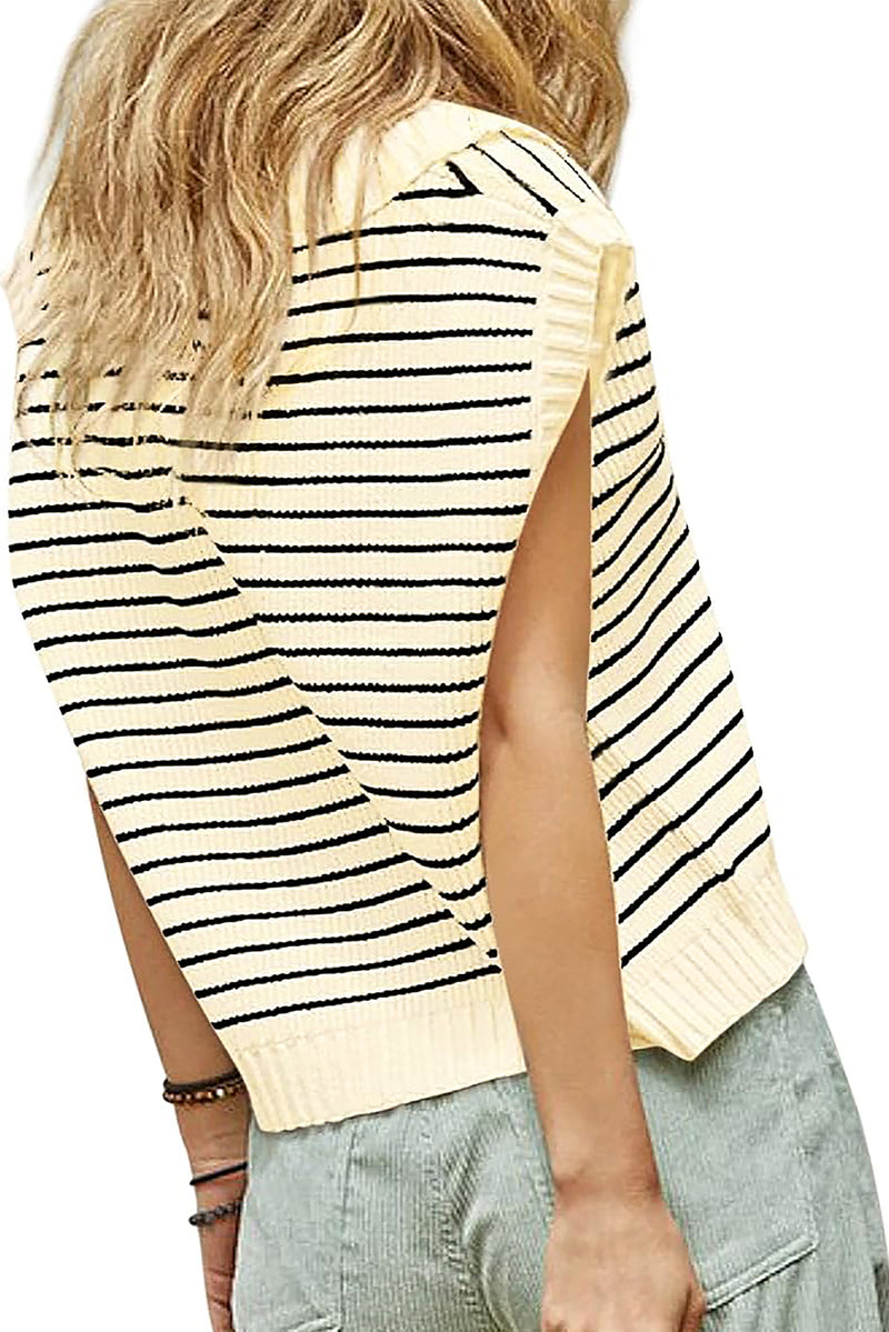 Beige Stripe Turn-down Collar Sleeveless Knitted Top