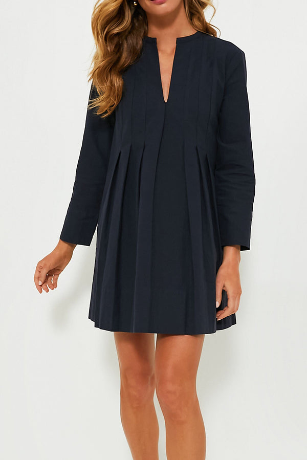 Dirty Blue Plain V Neck Pleated Short Dress