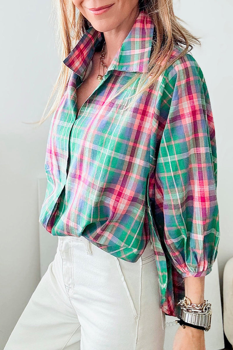 Green Checkered 3/4 Sleeve Collared Loose Fit Shirt