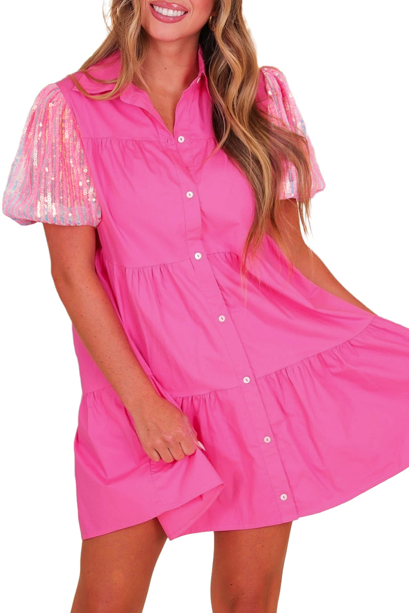 Bonbon Sequins Bubble Sleeve Tiered Mini Shirt Dress
