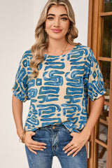 Beige Abstract Print Round Neck Dolman Blouse