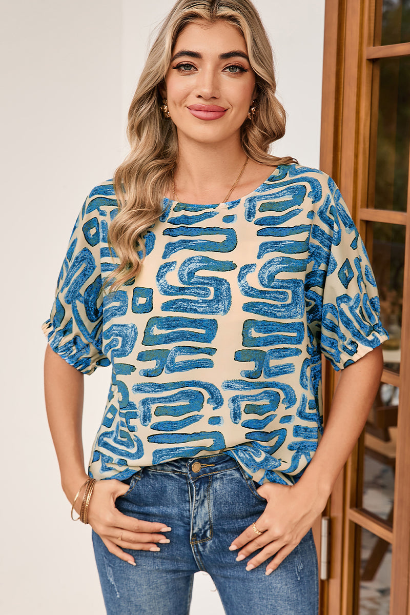 Beige Abstract Print Round Neck Dolman Blouse