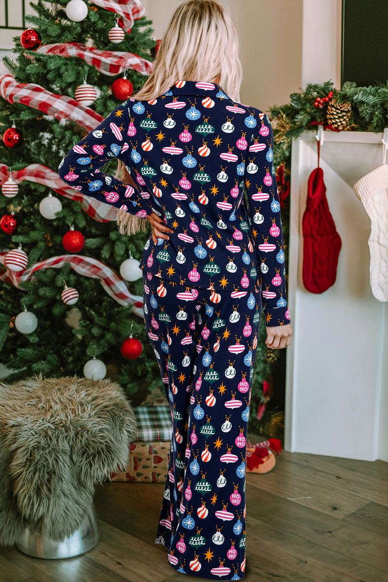 Christmas Lights Print Collared Neck Top and Pants Set