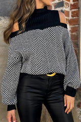 Black Stripe Half High Neck Cold Shoulder Knit Sweater