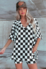 Black Checkered Print V Neck Pocketed Pajama Set