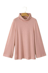 Pink Stripe Cowl Neck Side Slits Loose Fit Long Sleeve Top