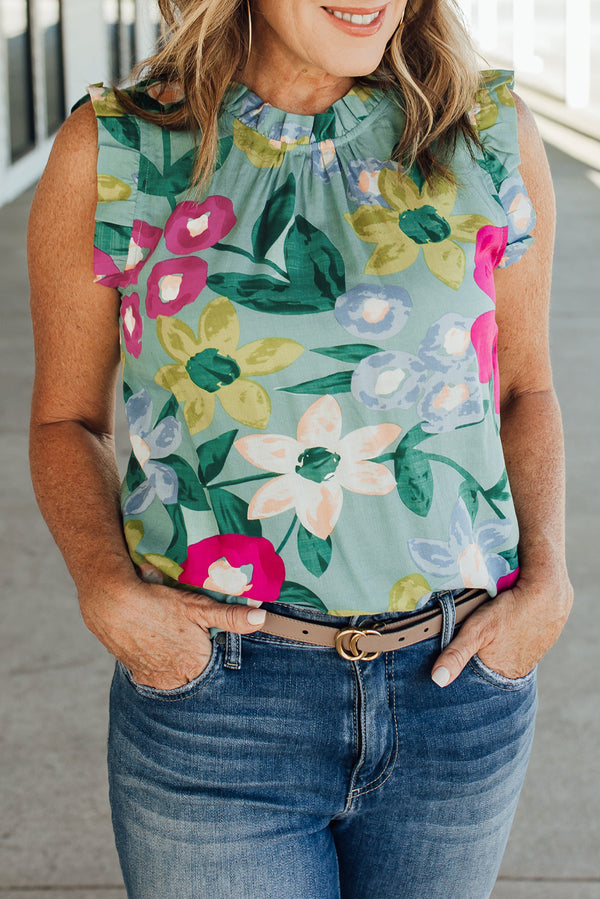 Green Floral Print Ruffle Trim Sleeveless Shirt