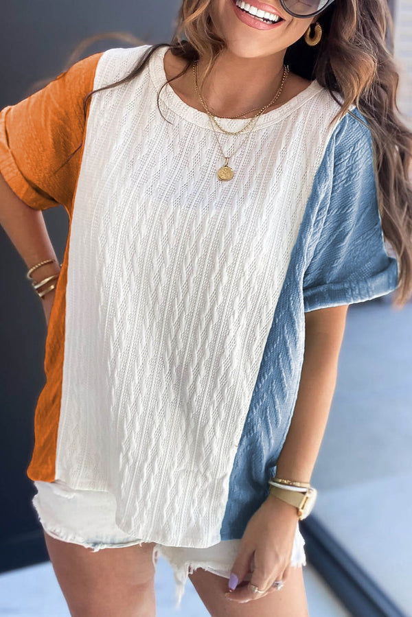 Light Blue Color Block Textured Loose Fit T Shirt