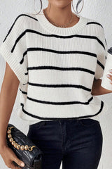 White Striped Pattern Batwing Short Sleeve Knit Sweater