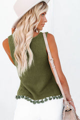 Green Tasseled Crochet Hollow-out Knit Tank Top