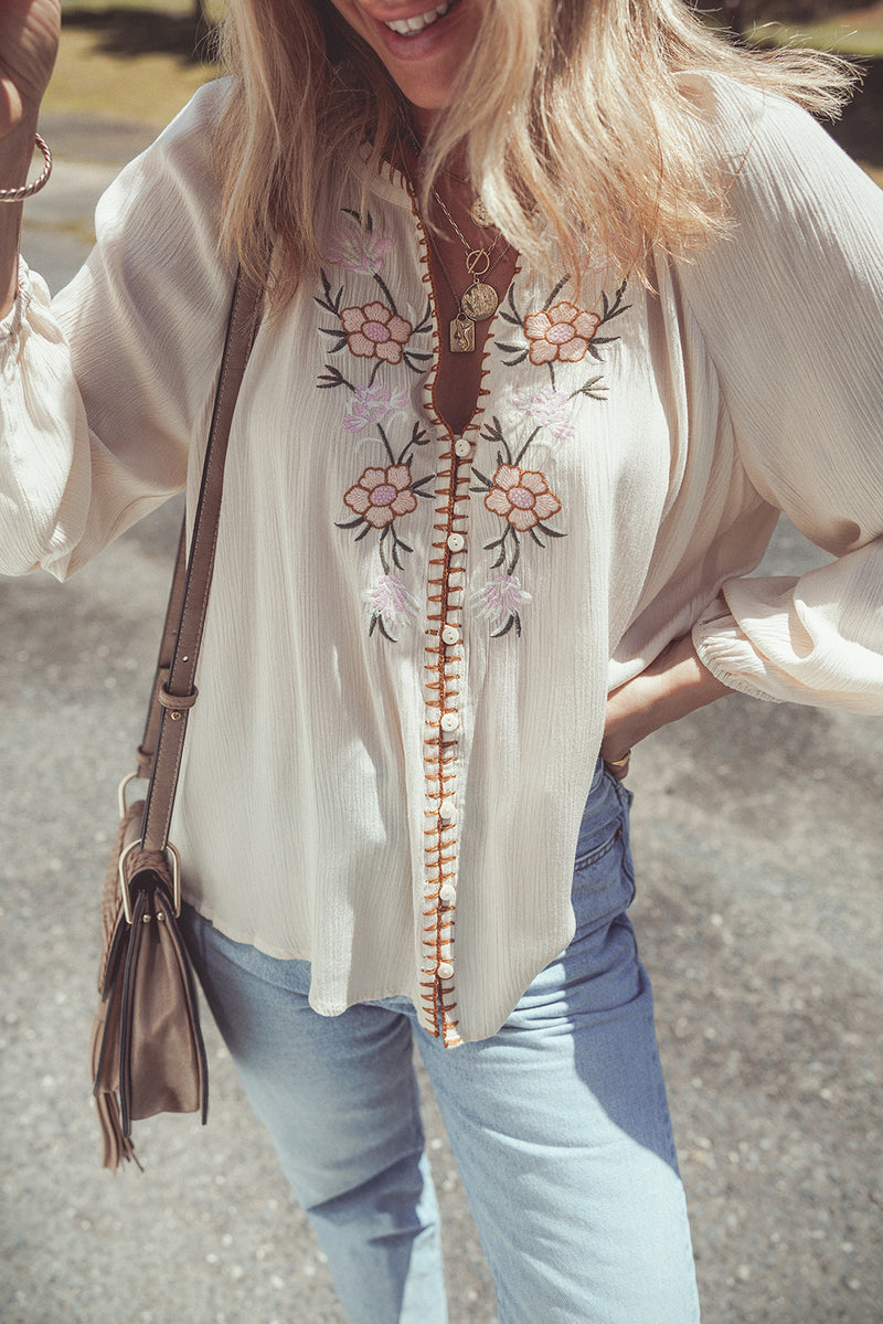 Beige Floral Embroidered Crinkle Puff Sleeve Loose Blouse