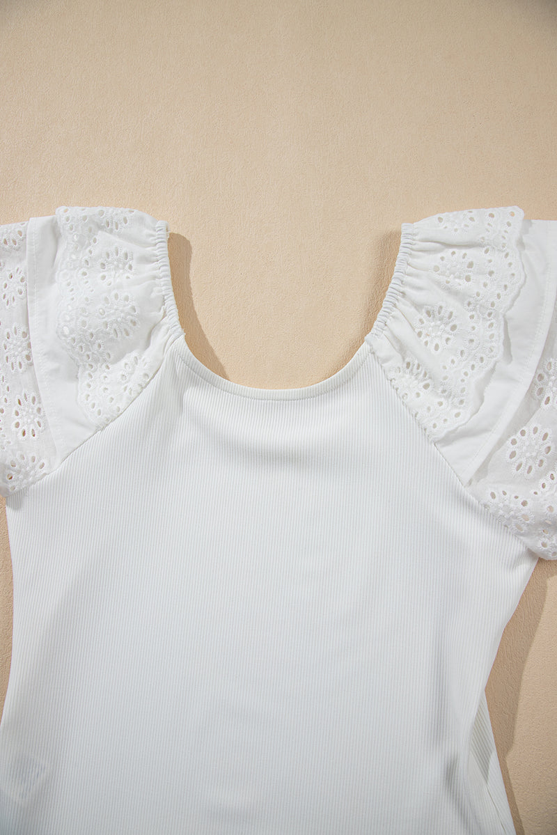 White Eyelet Ruffle Sleeve Slim Fit Top