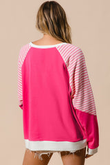 Strawberry Pink Striped Patchwork Raglan Sleeve Top