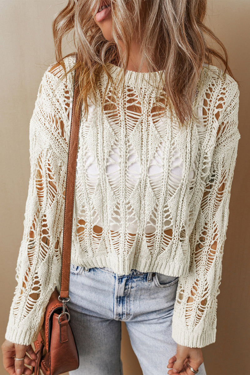 White Cut Out Crochet Loose Fit Sweater