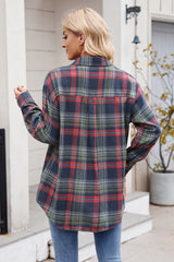 Dark Blue Plaid Chest Pocket Button Front Shirt