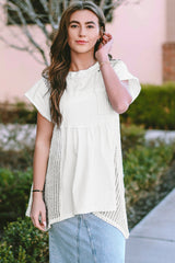 White Hollow Knit Splicing Keyhole Back Tunic Top