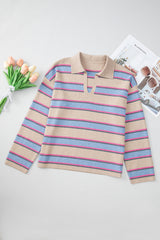 Apricot Stripe Collared V Neck Drop Shoulder Loose Sweater