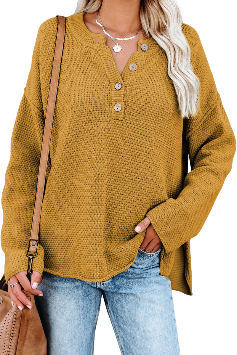 Yellow Drop Shoulder Henley Pullover Sweater With Slits