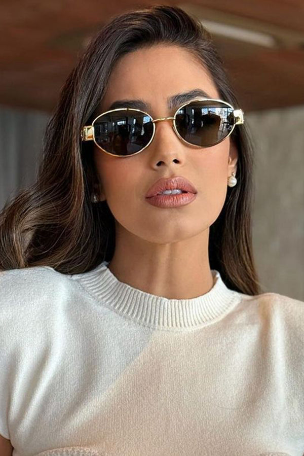 Gold Trendy Metal Frame Oval Sunglasses