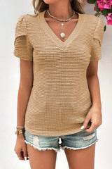 Mist Green Tulip Sleeve Waffle Knit V Neck T-Shirt