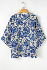 Blue Ethnic Print 3/4 Sleeve V Neck Plus Size Blouse